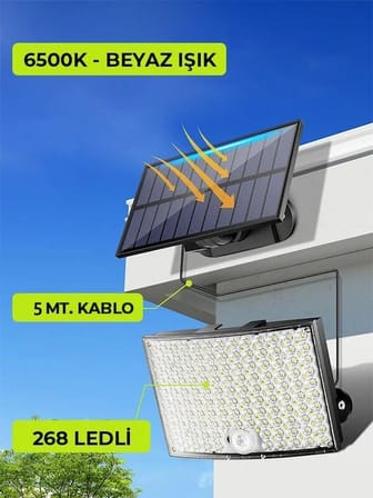 268 LED'li Solar Projektör 60W Güneş Enerjili 5 Mt Kablo Sensörlü Kumandalı HeroLed Dış Mekan Aydınlatma IP65