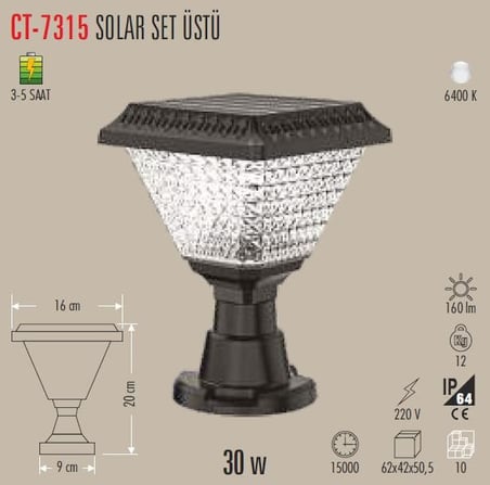 CT-7315 Solar Bahçe Set Üstü Armatür Lambası 30W Dış Mekan Aydınlatma 6500K Beyaz Işık