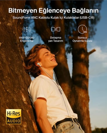 Belkin SoundForm ANC Kulaklık, USB-C Bağlantılı, Mikrofonlu Kulakiçi Kulaklıklar, iPhone 17, iPhone 16, iPad Mini, S25, Google Pixel 10, Android ve Daha Fazlası için, Beyaz