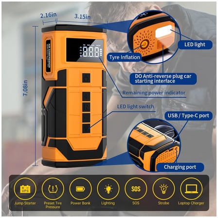 Kablosuz Lastik Hava Kompresörü, Araç Akü Takviyesi, Powerbank Destekli Kullanım, 3 Farklı Led Işık Modu, Uzun Şarj Ömrü, Motor, Bisiklet ve Oto Lastikler İçin Kablosuz 120W Güçlü Hava Kompresörü