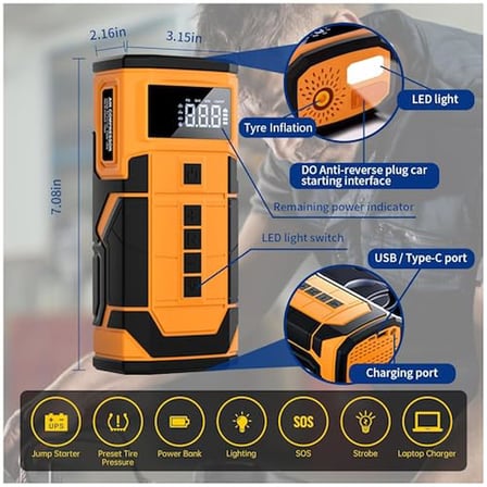 Kablosuz Lastik Hava Kompresörü, Araç Akü Takviyesi, Powerbank Destekli Kullanım, 3 Farklı Led Işık Modu, Uzun Şarj Ömrü, Motor, Bisiklet ve Oto Lastikler İçin Kablosuz 120W Güçlü Hava Kompresörü