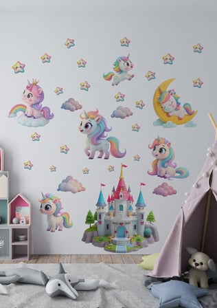 Unicorn Temalı Boy Ölçerli Duvar Sticker Seti - Çocuk Odası Duvar Dekoru, Mat PVC, Sökülebilir, Boy Ölçer