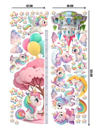 Unicorn Temalı Boy Ölçerli Duvar Sticker Seti - Çocuk Odası Duvar Dekoru, Mat PVC, Sökülebilir, Boy Ölçer