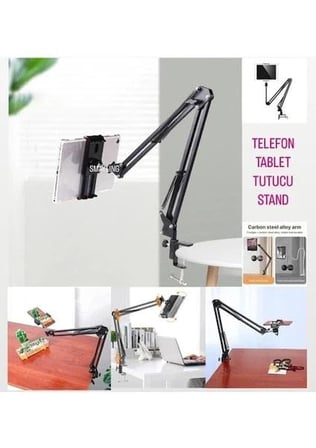 Masaüstü Ayarlanabilir Tablet Tutucu Kol – 360° Dönebilen, Yaylı Metal Kollu, Masa Kelepçeli Tablet Tutuculu Stand (siyah)