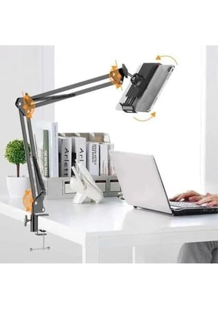 Masaüstü Ayarlanabilir Tablet Tutucu Kol – 360° Dönebilen, Yaylı Metal Kollu, Masa Kelepçeli Tablet Tutuculu Stand (siyah)