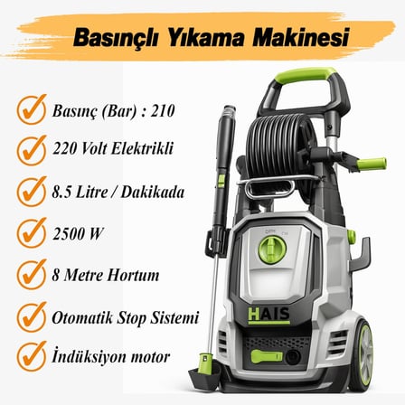 Elektrikli Basınçlı Yıkama Makinesi 8.5 L/ 210 Bar Basınç 2500 Watt 8 Metre Makaralı Hortum
