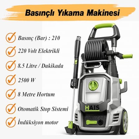 Elektrikli Basınçlı Yıkama Makinesi 8.5 L/ 210 Bar Basınç 2500 Watt 8 Metre Makaralı Hortum