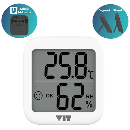 VIT 2'li İç Mekan Dijital Isı ve Nem Ölçer Siyah-Beyaz Termometre KVT17 THERMOMETER