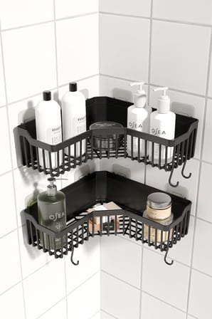 ATA HOME Banyor Yapışkanlı Banyo Köşeliği Rafı, 2'Li Banyo Düzenleyici, Duvar Duş Rafı Banyo Köşe Şampuanlık Siyah