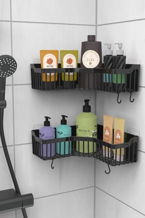 ATA HOME Banyor Yapışkanlı Banyo Köşeliği Rafı, 2'Li Banyo Düzenleyici, Duvar Duş Rafı Banyo Köşe Şampuanlık Siyah