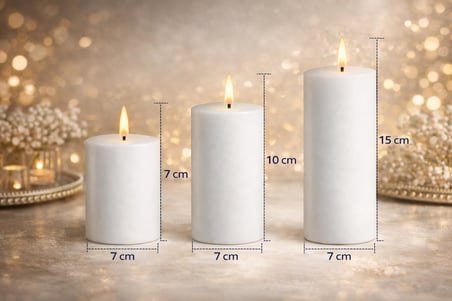 3’lü Silindir Blok Mum Seti, Beyaz Dekoratif Sütun Mumlar, İçten Yanan Fitil, 7 cm Çap, 7,10,15 cm Y