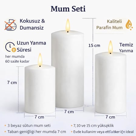 3’lü Silindir Blok Mum Seti, Beyaz Dekoratif Sütun Mumlar, İçten Yanan Fitil, 7 cm Çap, 7,10,15 cm Y