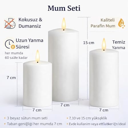 3’lü Silindir Blok Mum Seti, Beyaz Dekoratif Sütun Mumlar, İçten Yanan Fitil, 7 cm Çap, 7,10,15 cm Y