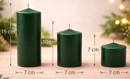 3’lü Silindir Blok Mum Seti, Koyu Yeşil Dekoratif Sütun Mumlar, İçten Yanan Fitil, 7 cm Çap, 7, 10,