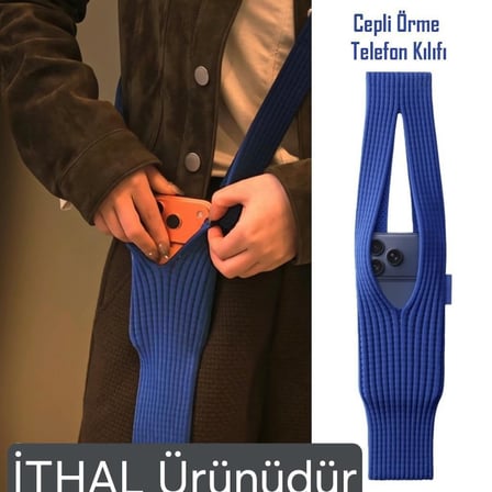 Tüm Telefonlarla Uyumlu 80 cm Phone Pocket Premium Örgü Telefon Askısı | 3D Esnek Tasarım (Lacivert)