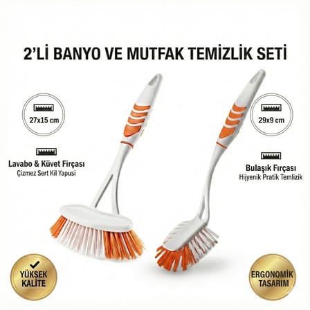 2'li Pratik Banyo ve Mutfak Temizlik Fırçası Seti - Çizmez Lavabo Küvet Fırçası (27x15cm) ve Hijyenik Bulaşık Fırçası (29x9cm) - Ergonomik ve Yüksek Kalite