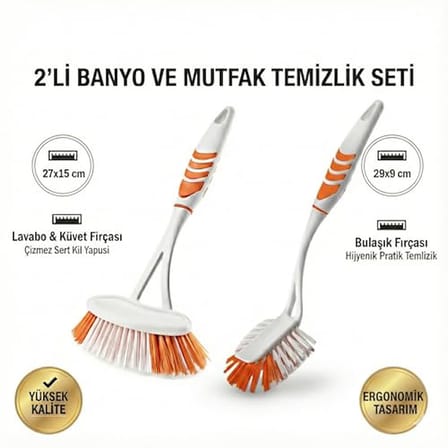 2'li Pratik Banyo ve Mutfak Temizlik Fırçası Seti - Çizmez Lavabo Küvet Fırçası (27x15cm) ve Hijyenik Bulaşık Fırçası (29x9cm) - Ergonomik ve Yüksek Kalite