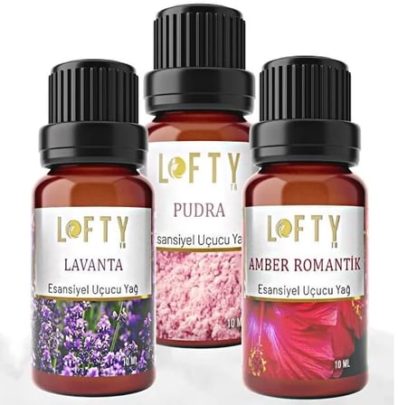 LOFTY Esansiyel Uçucu Yağ Seti, Lavanta Amber Pudra, Aromaterapi Difüzör, 3x10ml, Doğal Saf Yağlar