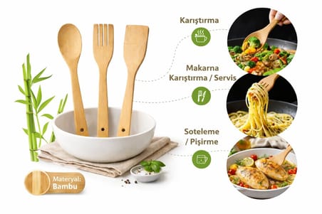 BAMBU MUTFAK SETİ, KAŞIK, ÇATAL, SPATULA, DOĞAL , ÇİZMEZ, TAVA DOSTU, 3 PARÇA,BAMBU MUTFAK GEREÇLERİ SETİ, KAŞIK, SERVİS ÇATALI, DÜZ SPATULA, ISIYA DAYANIKLI, DOĞAL MALZEME, 3'LÜ SET