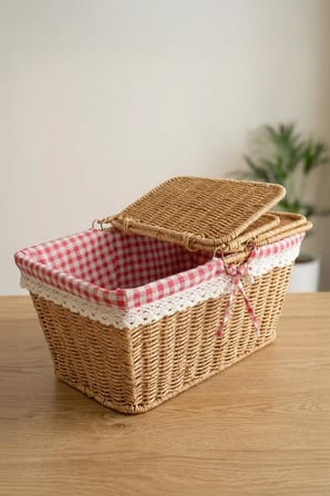Digithome Kapaklı Rattan Dantelli Dikdörtgen Sepeti -9T14 U/6