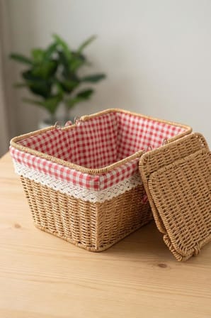 Digithome Kapaklı Rattan Dantelli Dikdörtgen Sepeti -9T14 U/6