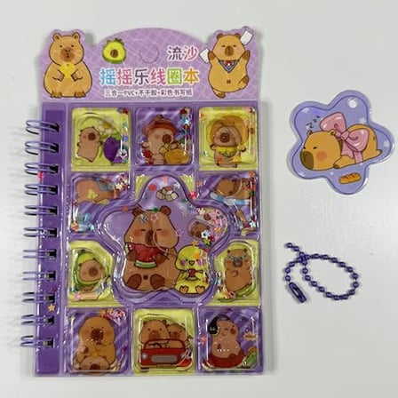 Sevimli Capybara 3'ü 1 Arada, 3D Sulu kapak, Spiralli, 38 yaprak Not ve Sticker Defteri(11x9Cm) Mor