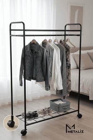 Metaliz Concept Tekerli Modern Metal Elbise Askılığı - Katlı Raflı Portatif Giysi Standı, Siyah Renk