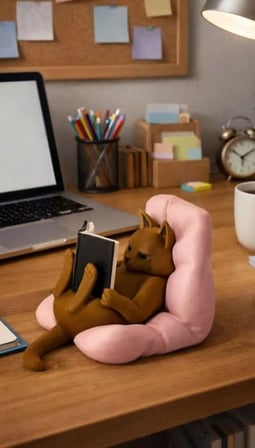 Razmo Kitap Okuyan Kedi pembe yastıklı Obje Torpido Süsü ve Masaüstü Dekoru Ev Dekorasyonu Hediye Alternatifi