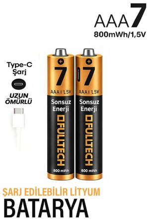 Type-C Şarjlı İnce Pil AAA Şarj Edilebilir Kumanda Pili 1.5V 800mWh Lityum-İon İnce Pil AAA7 Type-C Şarjlı