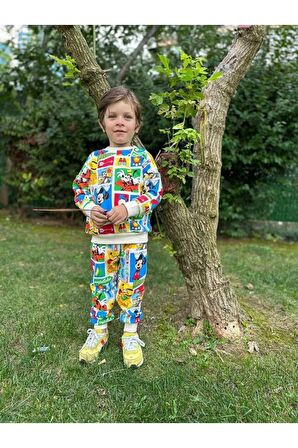 Çizgi Karakterli Bej Erkek Çocuk Eşofman pijama Takımı