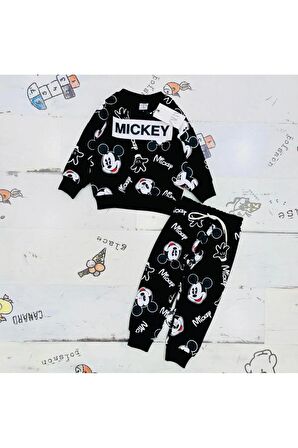 Mickey Mouse Çizgi Karakterli Siyah Erkek Çocuk Eşofman Pijama Alt Üst Takımı