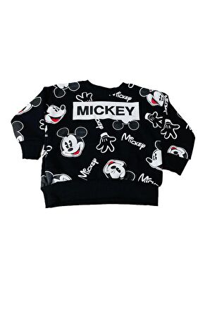 Mickey Mouse Çizgi Karakterli Siyah Erkek Çocuk Eşofman Pijama Alt Üst Takımı