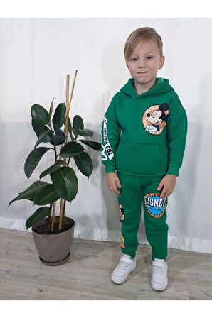Mickey Mouse Çizgi Karakterli Yeşil Kapüşonlu Erkek Çocuk Eşofman Pijama Alt Üst Takımı