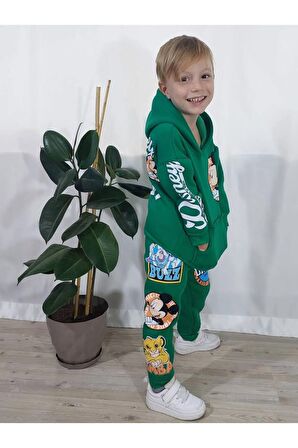 Mickey Mouse Çizgi Karakterli Yeşil Kapüşonlu Erkek Çocuk Eşofman Pijama Alt Üst Takımı