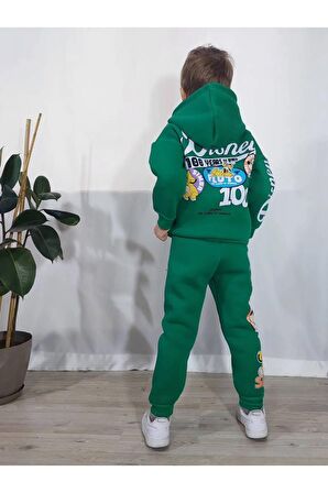 Mickey Mouse Çizgi Karakterli Yeşil Kapüşonlu Erkek Çocuk Eşofman Pijama Alt Üst Takımı