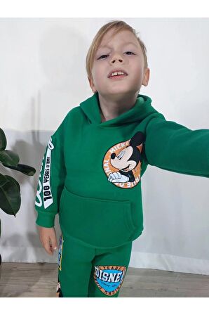 Mickey Mouse Çizgi Karakterli Yeşil Kapüşonlu Erkek Çocuk Eşofman Pijama Alt Üst Takımı