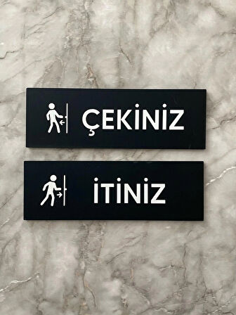 Siyah Mat Minimal Seri İtiniz-Çekiniz Kapı Uyarı Levhası