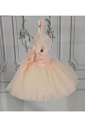 Kız Çocuk Somon Kısa Balon Kol Kabarık Elbise