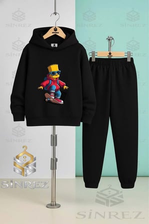 Çocuk Unısex SIMPSON KIRMIZI MONT KAYKAYLI 3'Lü Kapşonlu Eşofman Takımı