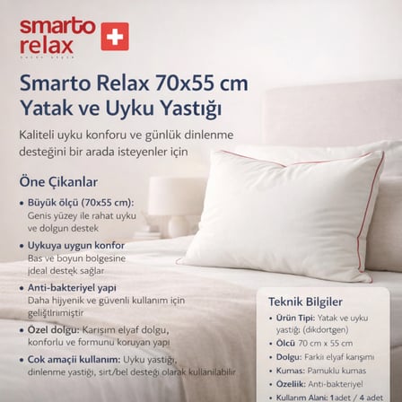 Smarto Relax Tekli ve 4'lü 70x50 cm Uyku Yastık – Karışım Elyaf Dolgu,Pamuklu kumaş, Anti-Bakteriyel Büyük Boy (Tekli)