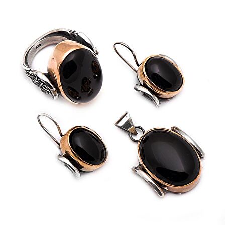 Oltu Taşlı Çekiç Dövme El Yapımı Gümüş Set 1027