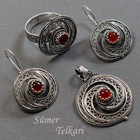 Akik Taşlı Salyangoz Gümüş Telkari Set 531