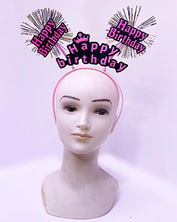 Parti Happy Birthday Püsküllü Neon Pembe Renk Doğum Günü Tacı 22x19 cm