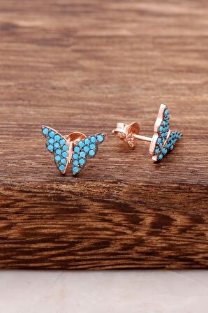 Kelebek Tasarımlı Turkuaz Taşlı Rose Gümüş Küpe 3788