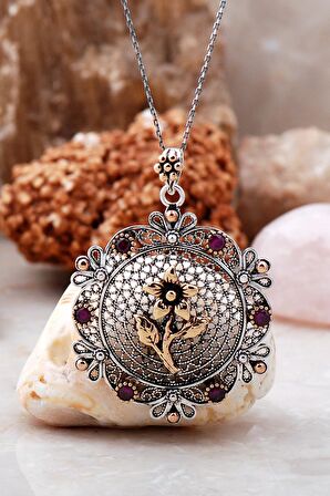 Telkari İşlemeli Kök Yakut Taşlı Tasarım Gümüş Kolye 3901