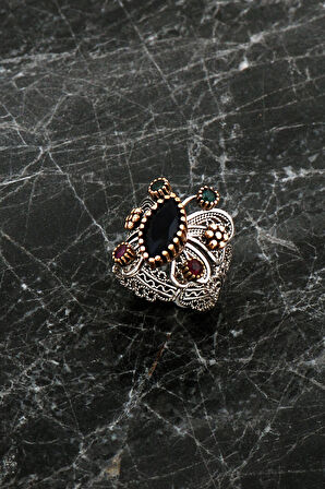 Safir Taşlı Telkari İşlemeli Hercai Kelebek Gümüş Yüzük 2497