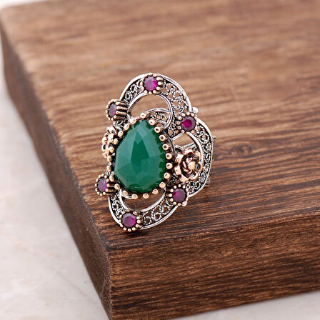 Kök Zümrüt Taşlı Telkari İşlemeli Gümüş Yüzük 2488