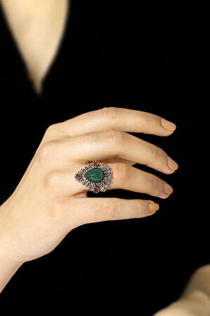 Kök Zümrüt Taşlı Telkari İşlemeli Gümüş Yüzük 2486