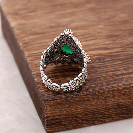 Kök Zümrüt Taşlı Telkari İşlemeli Gümüş Yüzük 2486