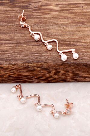 İnci Taşlı Rose Gümüş Zigzag Tasarım Küpe 2154